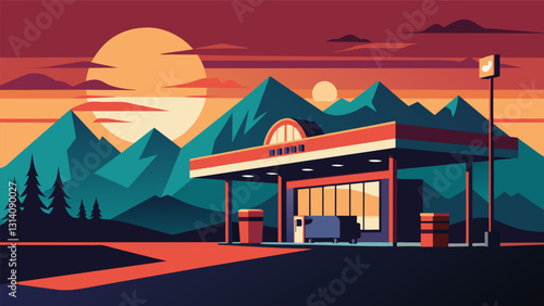 As the sun set behind the mountains the gasoline stations vintage neon signs came to life welcoming visitors to a bygone era.. Vector illustration