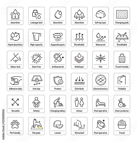 Disposable changing mat set icons.Suitable for pet, baby, adults users of changing mat.The outline icons are well scalable and editable. Contrasting elements are good for different backgrounds.EPS10.