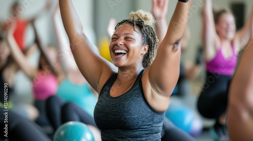 Smiling woman leads exercise class with arms raised in gym