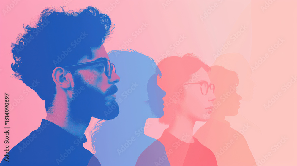Young adults with glasses in artistic double exposure effect and vibrant colors Young adults with glasses in artistic double exposure effect and vibrant colors