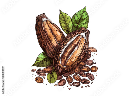 Cocoa beans old botanical illustration, vector cocoa plant, hand-drawn cacao pods, engraved chocolate fruit, transparent background, organic farming, tropical seeds