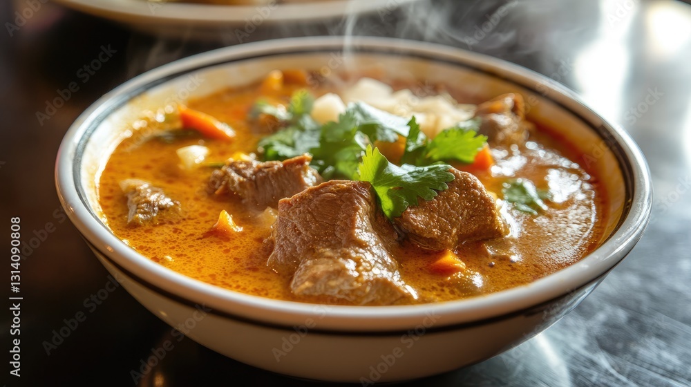 A steaming bowl of Panang curry with tender beef slices and a rich coconut sauce. A steaming bowl of Panang curry with tender beef slices and a rich coconut sauce.