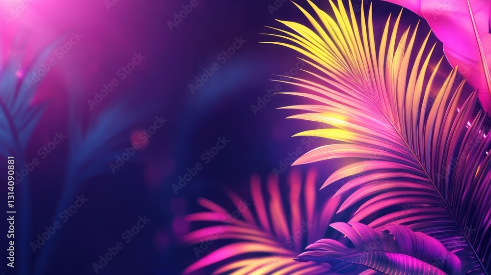Obraz premium Vibrant illuminated palm leaves and foliage against dark background