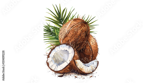 Vector coconut isolated, old botanical illustration, vintage tropical coconut drawing, coconut palm sketch, detailed nut engraving, hand-drawn coconut fruit