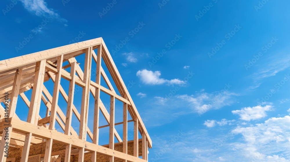 Wooden frame of a house under construction, against a clear blue sky with some clouds. Wooden frame of a house under construction, against a clear blue sky with some clouds.