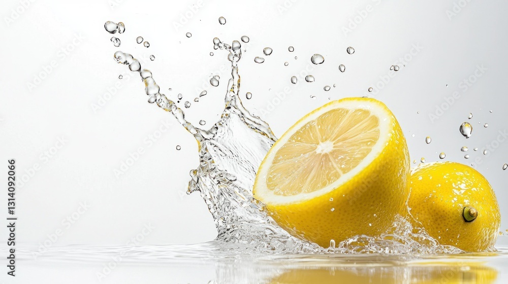 Two lemons partially submerged in water with splash effects Two lemons partially submerged in water with splash effects