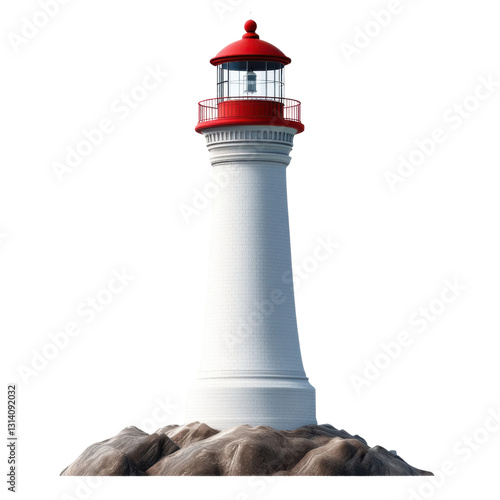 white brick lighthouse with red lantern room on white background