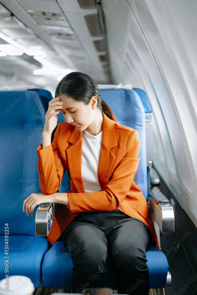 Photo of a frustrated woman sitting on an airplane with her head in her hands. Asian woman sitting Photo of a frustrated woman sitting on an airplane with her head in her hands. Asian woman sitting