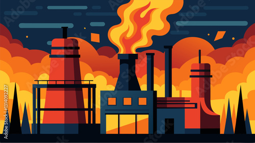 The intense heat from the chemical furnaces radiates throughout the plant a byproduct of the immense energy required to power its operations.. Vector illustration