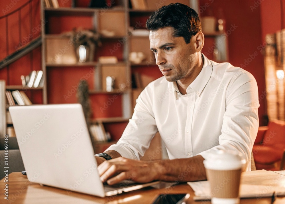 Portrait of Businessman Working from Home, Serious Expression A professional-looking man in his late 30s, sitting at a desk in a home office, focused on his laptop screen. Portrait of Businessman Working from Home, Serious Expression A professional-looking man in his late 30s, sitting at a desk in a home office, focused on his laptop screen.