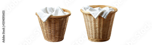 wicker laundry baskets with white linen on white background