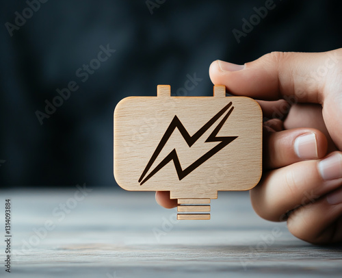 Wallpaper Mural A hand gently holds a finely carved wooden battery icon, featuring a bold thunder lightning symbol, resting on a rustic wooden table, symbolizing eco-friendly energy Torontodigital.ca