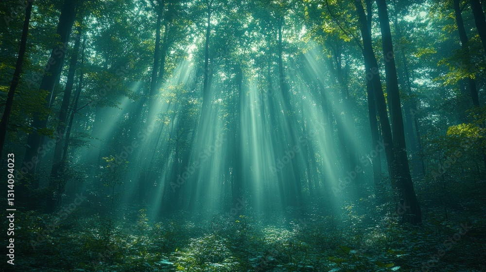 Obraz premium Mystical forest, sunlight beams through trees, tranquil scene, use for nature backdrop