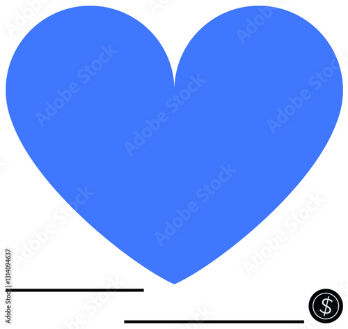 Large blue heart centered with thin straight lines beneath and a small dollar sign icon in the corner. Ideal for love, finance, charity, donation, care, health, support. Minimal flat simple metaphor