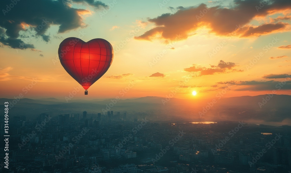 Fototapeta premium Heart-shaped balloon floating above a city at sunset