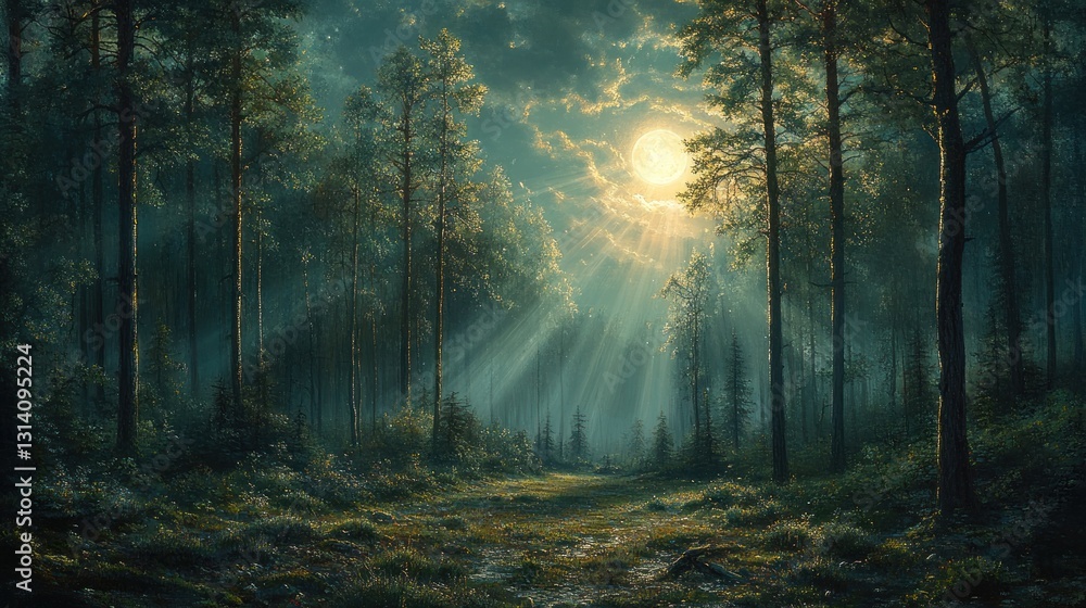 Fototapeta premium Moonlight forest path, sun rays, pine trees, tranquil scene