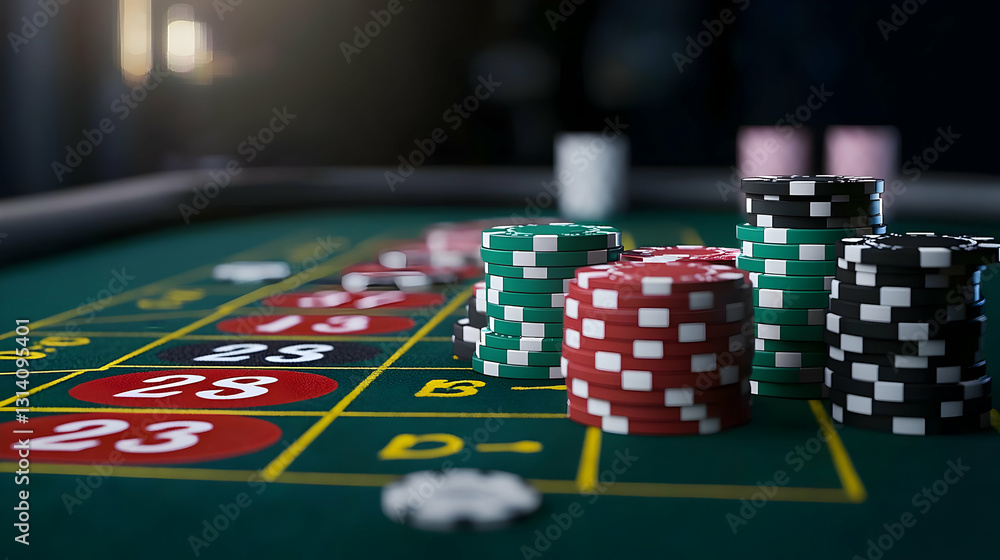 Fototapeta premium Stacks of Red Black and Green Poker Chips on Green Felt Roulette Table in Casino Under Warm Lighting