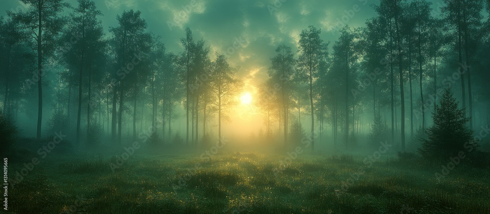 Misty sunrise in a tranquil forest clearing, ethereal light Misty sunrise in a tranquil forest clearing, ethereal light