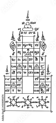 Thai traditional tattoo. Tian Maha Lap Yantra. Thai text translation: wealth, good fortune, and abundance.