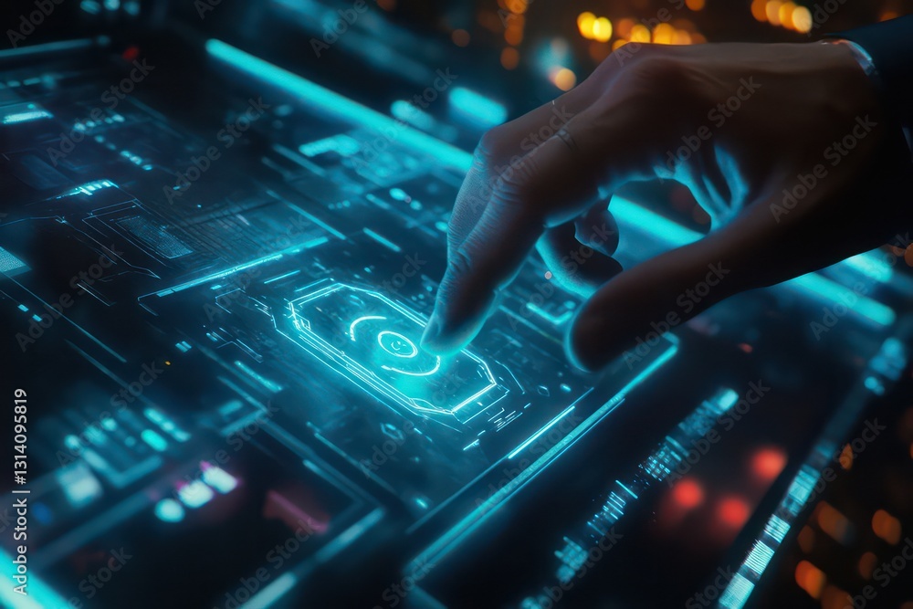 A cyberpunk-inspired composition where a businessman’s finger presses a neon blue holographic command button A cyberpunk-inspired composition where a businessman’s finger presses a neon blue holographic command button