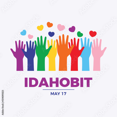 IDAHOBIT International Day Against Homophobia, Transphobia and Biphobia poster vector illustration. LGBT raised hands up pride flag icon. LGBTQIA hands up silhouette vector. Template for card, banner