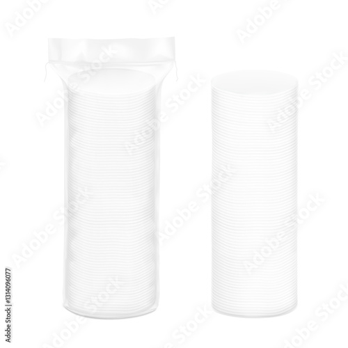 Clear packaging bag for round cotton pads mockup. Vector illustration isolated on white background. Template for your product. EPS10.