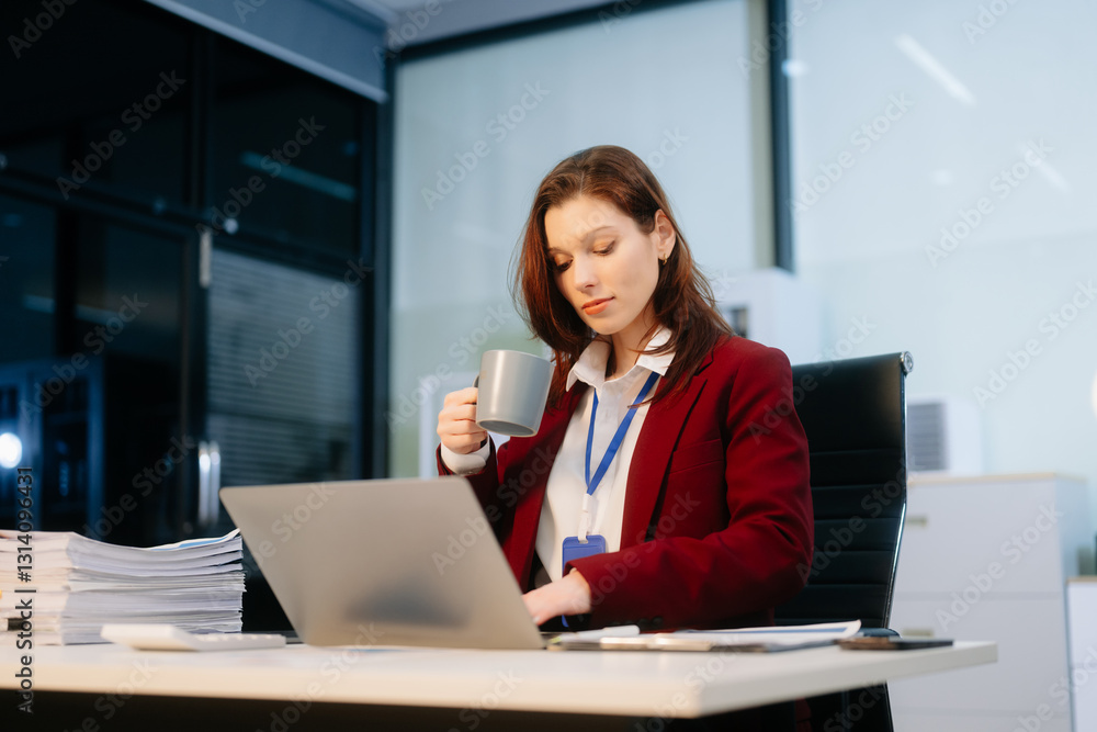 Confident businesswoman working on a laptop at a sleek office desk, showcasing professionalism, productivity Confident businesswoman working on a laptop at a sleek office desk, showcasing professionalism, productivity