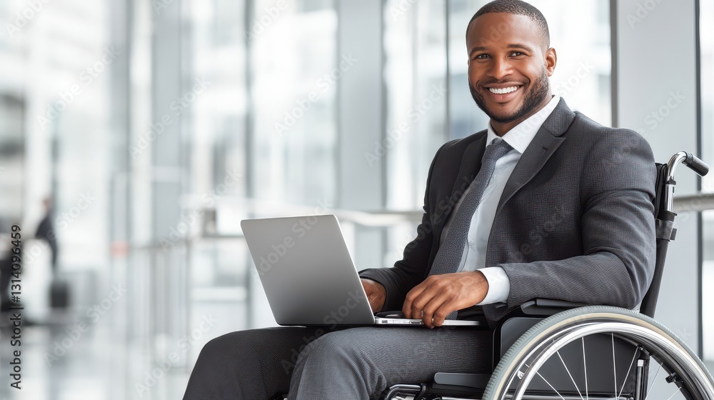 Confident Businessman in Wheelchair Using Laptop
Confident Businessman in Wheelchair Using Laptop