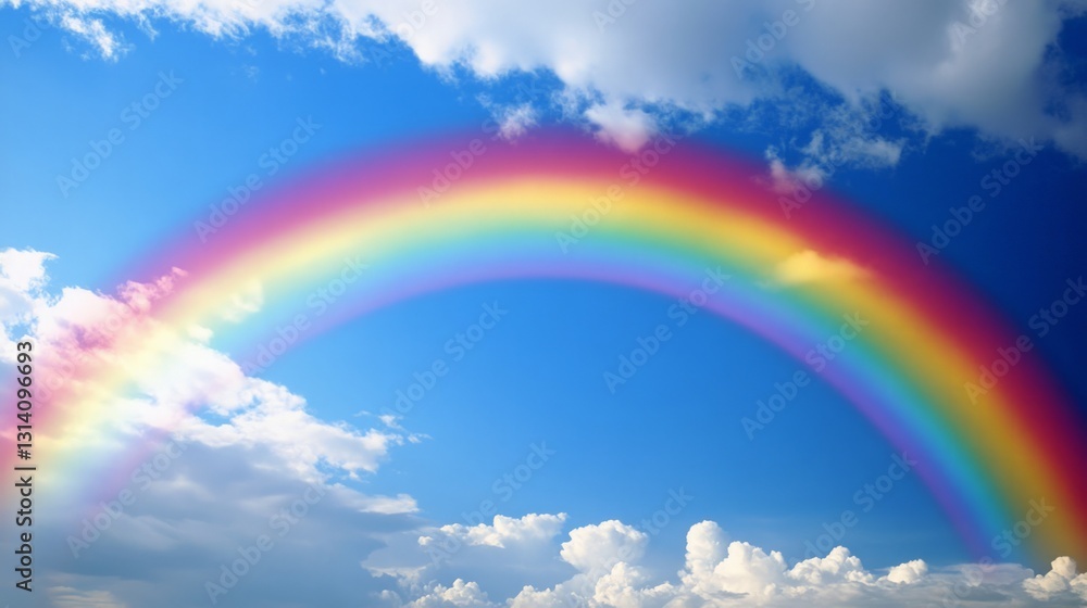 Vibrant Rainbow Arching Across a Bright Blue Sky with Clouds Vibrant Rainbow Arching Across a Bright Blue Sky with Clouds