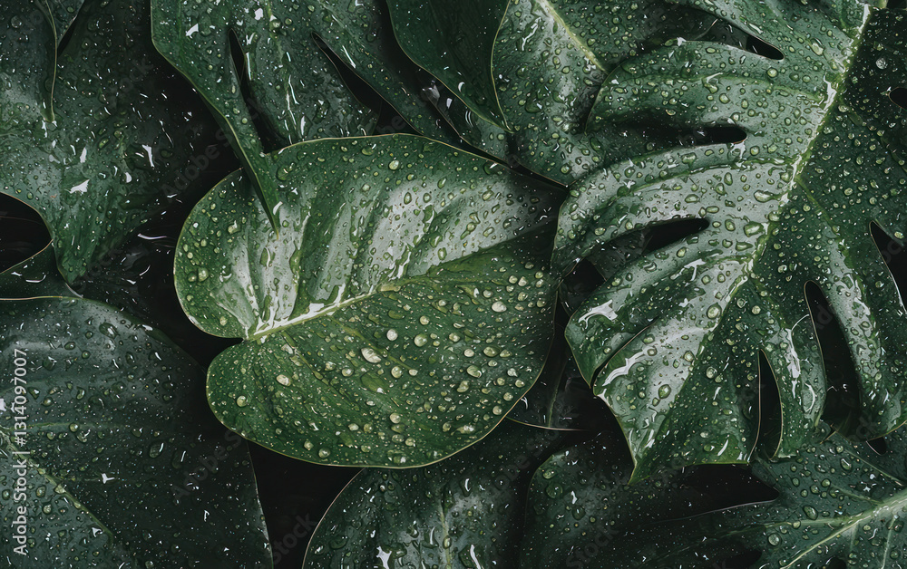 Fototapeta premium Lush Dark Green Tropical Leaves with Water Droplets