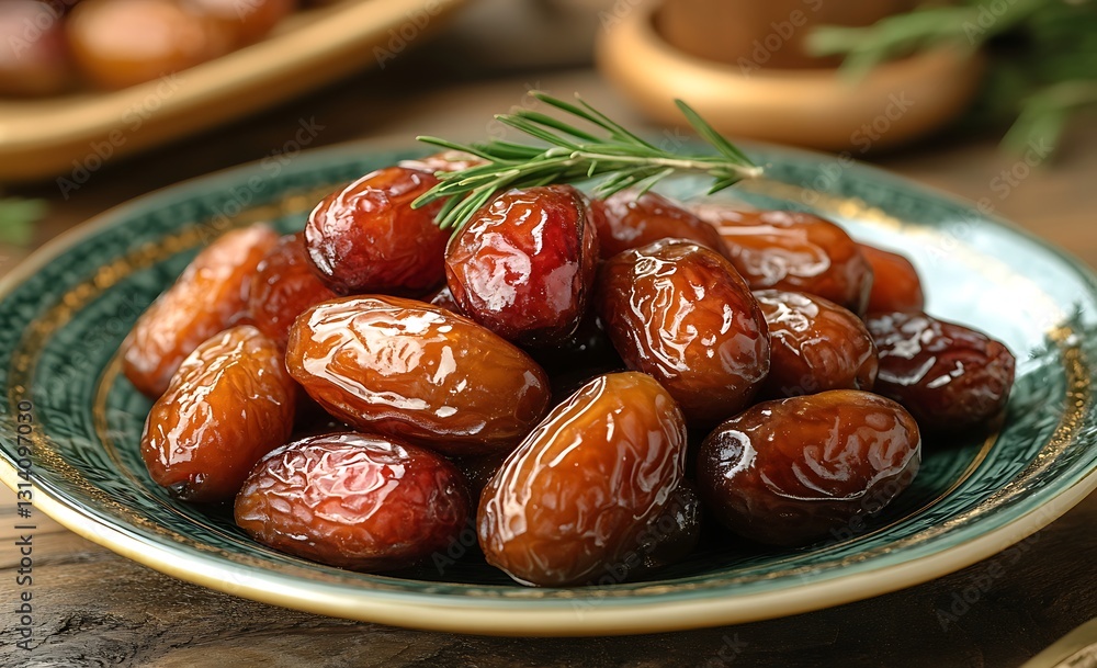 Decorative Plate of Shiny Dates with Rosemary Garnish Decorative Plate of Shiny Dates with Rosemary Garnish