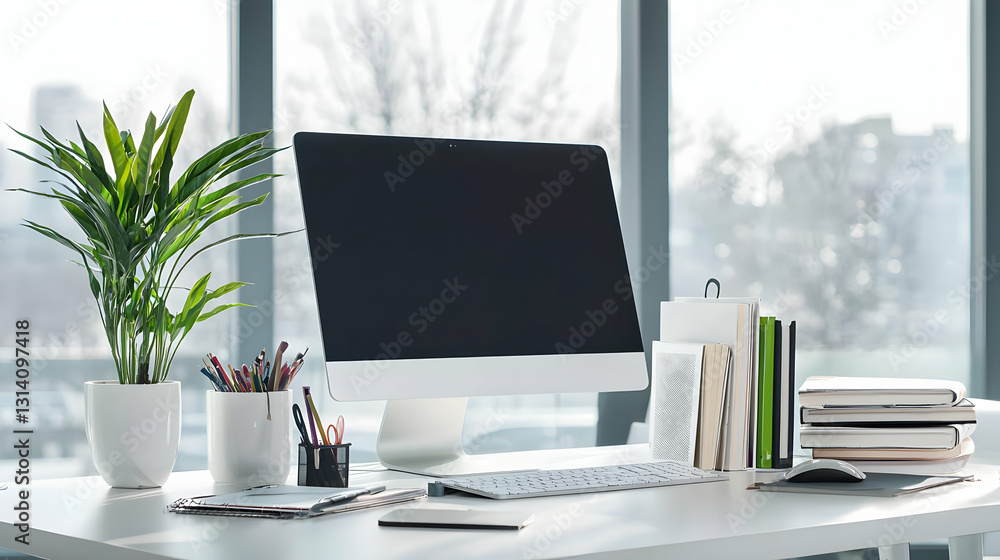 Fototapeta premium Bright Modern White Office Desk with Computer and City View in Natural Light