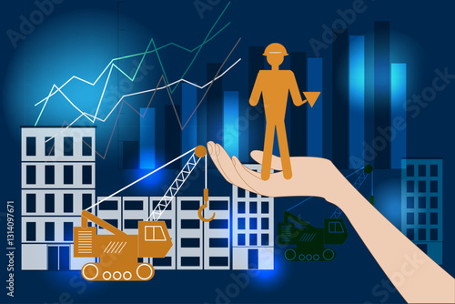 Concept of process improvement and productivity growth. Effective processes and business. Hand holds the builder as the main participant of the process.
