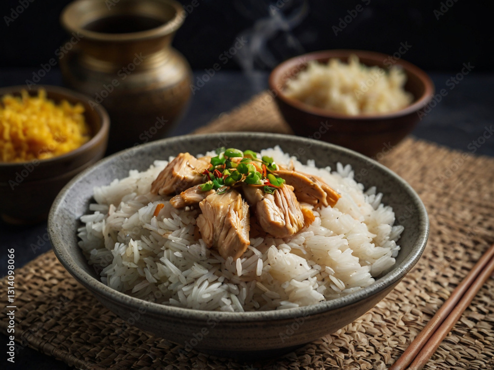 A bowl of rice with chicken and rice A bowl of rice with chicken and rice