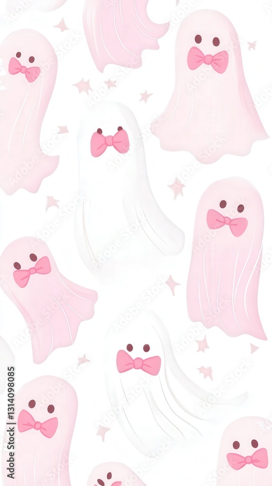 multiple kawaii ghosts with pink bows, set against a white background, bringing joy with their soft pastel color palette multiple kawaii ghosts with pink bows, set against a white background, bringing joy with their soft pastel color palette
