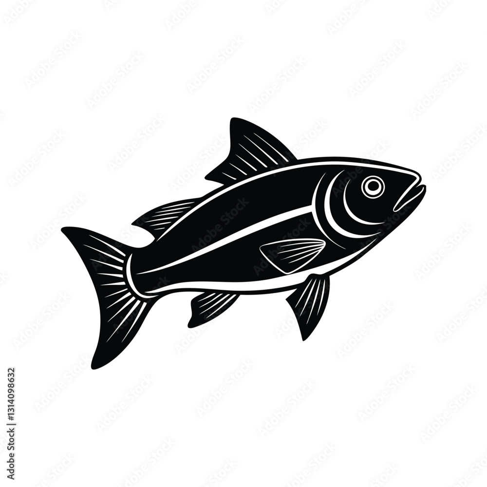 Fish with bold stripe and curved tail silhouette isolated on white background Fish with bold stripe and curved tail silhouette isolated on white background