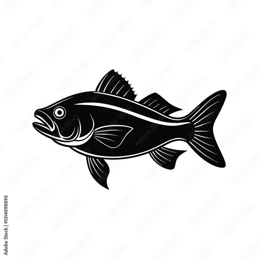 Fish with detailed fin and curved body silhouette isolated on white background Fish with detailed fin and curved body silhouette isolated on white background