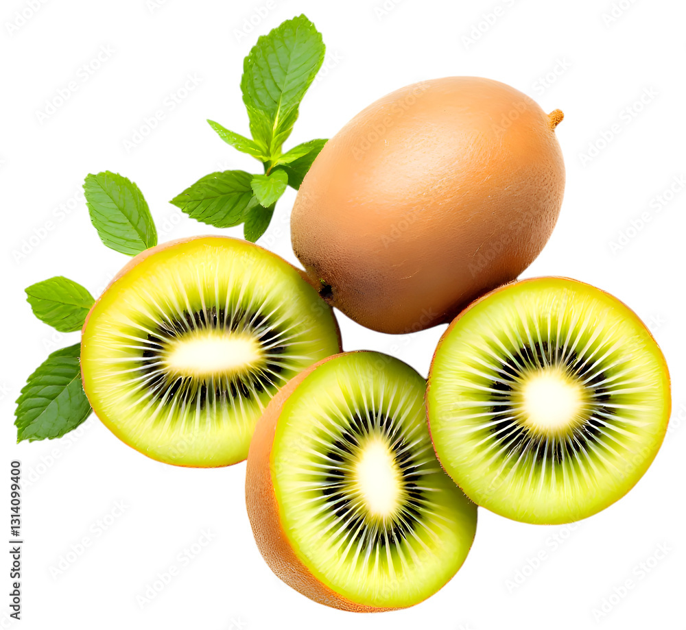 Fototapeta premium Slice of fresh juicy delicious and healthy kiwi fruit, isolated on trasnparent background