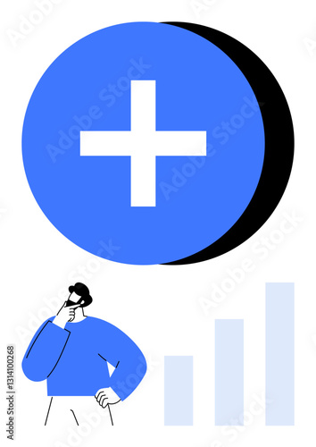 Person thinking deeply under a blue plus sign representing positivity and growth. Adjacent bar chart symbolizes progress and success. Ideal for business, planning, goals, positivity, strategy