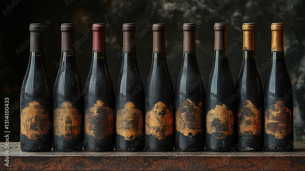 Wine Bottles in Chic Alignment, Textures Emphasized by Subtle Overhead Lighting Wine Bottles in Chic Alignment, Textures Emphasized by Subtle Overhead Lighting