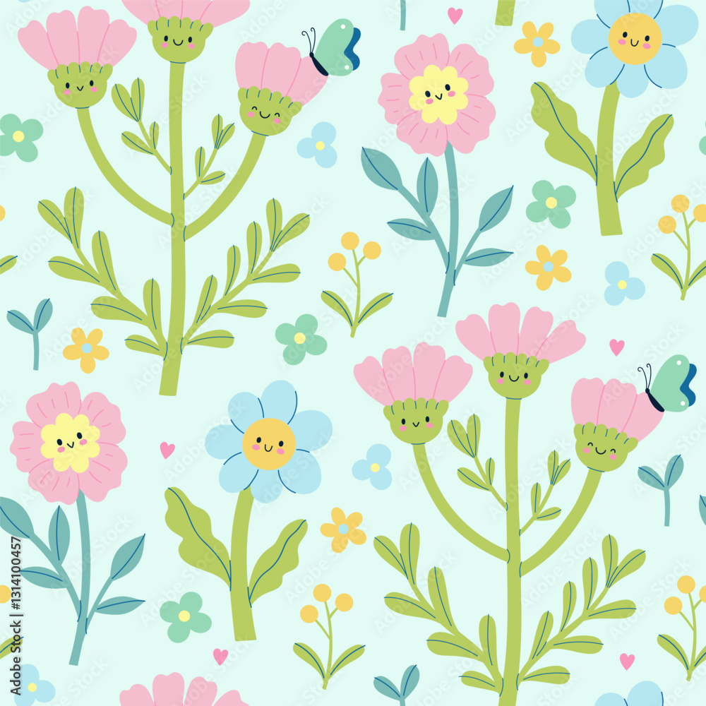 Fototapeta premium Seamless pattern with cute flowers with faces. Vector graphics