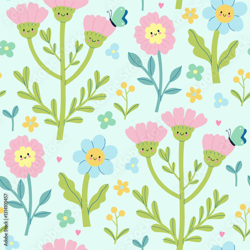 Seamless pattern with cute flowers with faces. Vector graphics