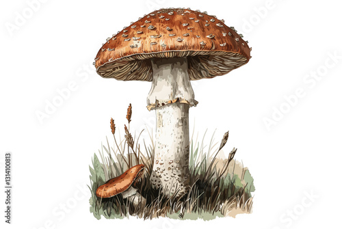 Old botanical mushroom illustration, vintage fungi sketch, vector mushroom isolated, transparent background, hand-drawn mushroom engraving, retro botanical fungi art