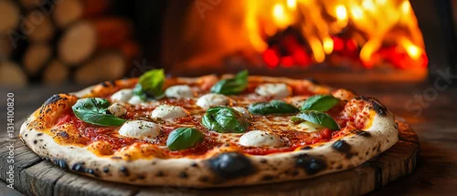 Obraz  z motywem Pizza with basil sits near fire oven in rustic setting on wood board