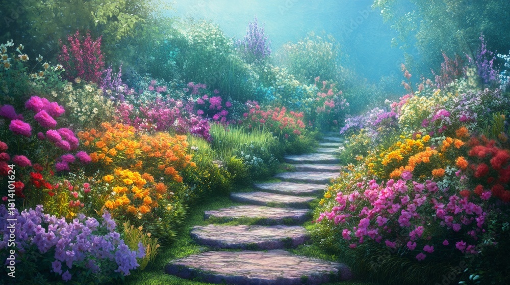 Obraz premium Serene Garden Pathway Surrounded by Vibrant Flowers and Nature
