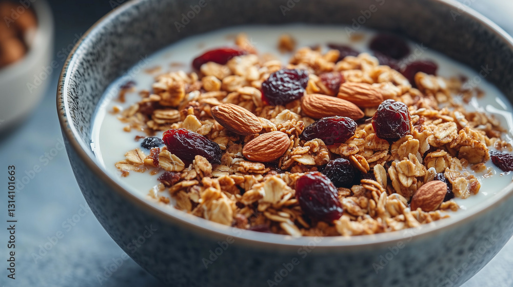 Freshly Baked Granola with Nuts, Dried Fruit, and Almond Milk Freshly Baked Granola with Nuts, Dried Fruit, and Almond Milk