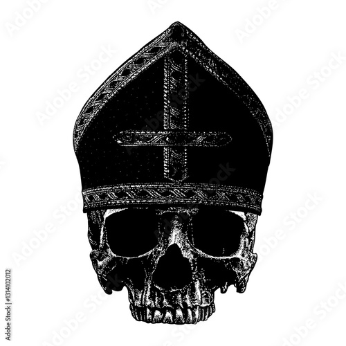 pope skull with mitre hand drawing vector isolated on background.