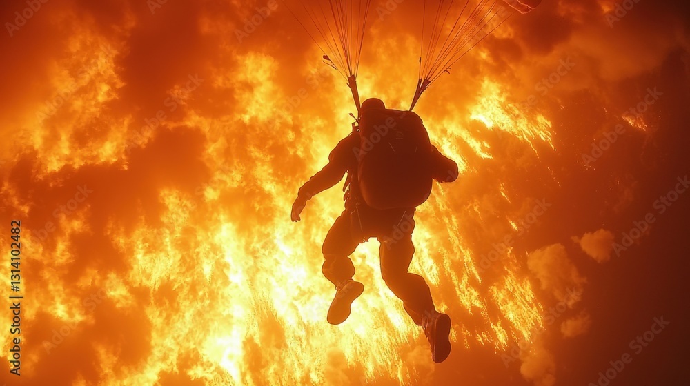 Fototapeta premium Parachutist descends through flames in a dramatic display of bravery and skill above a burning landscape