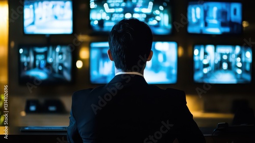 A hotel receptionist in a sleek black uniform working the night shift, monitoring security cameras behind the desk.