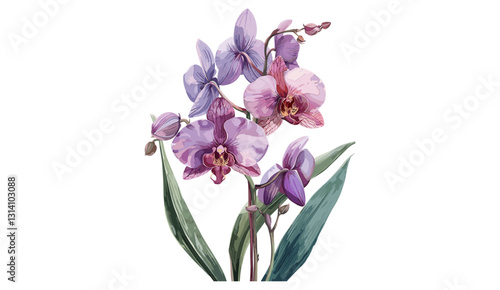 Vector orchid flowers, isolated on white, old watercolor style, botanical illustration, floral design, nature-inspired, elegant orchids, exotic petals, artistic flower art, blooming flora